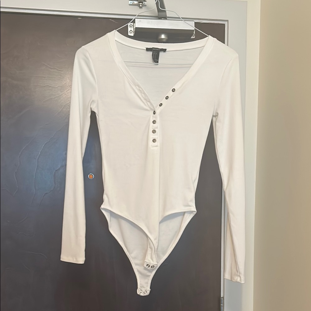 White Long Sleeve Bodysuit with Button Detail from forever 21